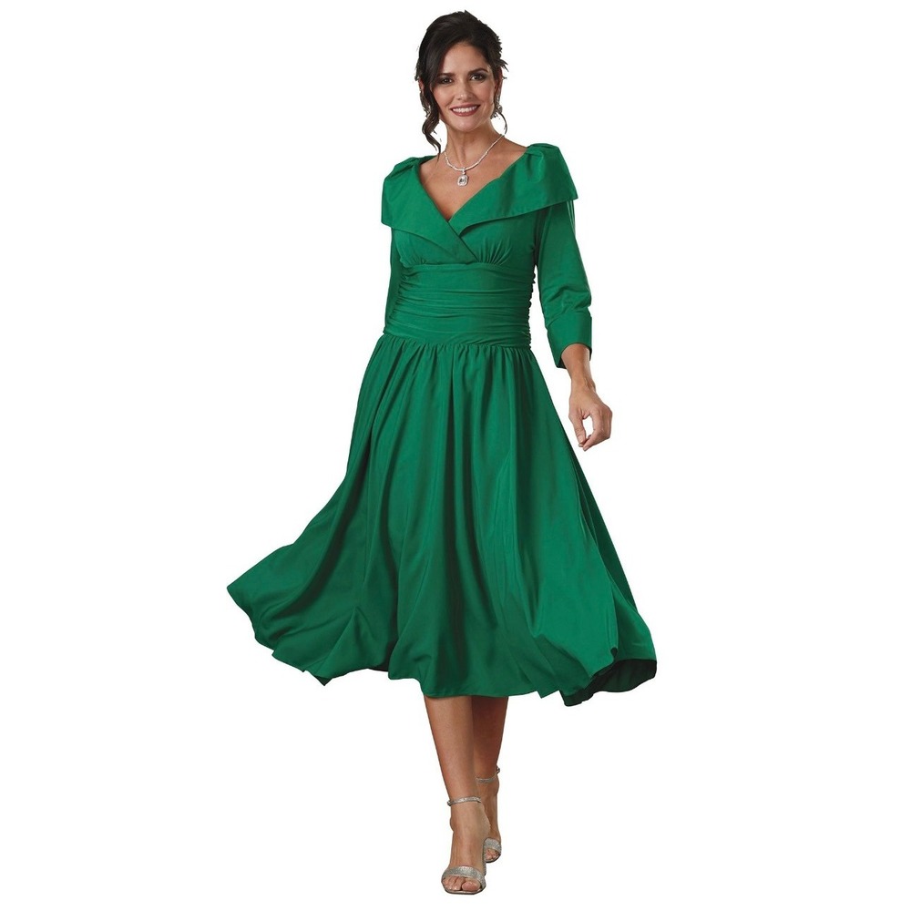 Masseys Portrait Collar Midi Dress Womens 26W Green Ruched Waist Vintage Style